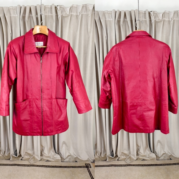 Vintage Venezia Red Genuine Leather Jacket Trench - Picture 5 of 8